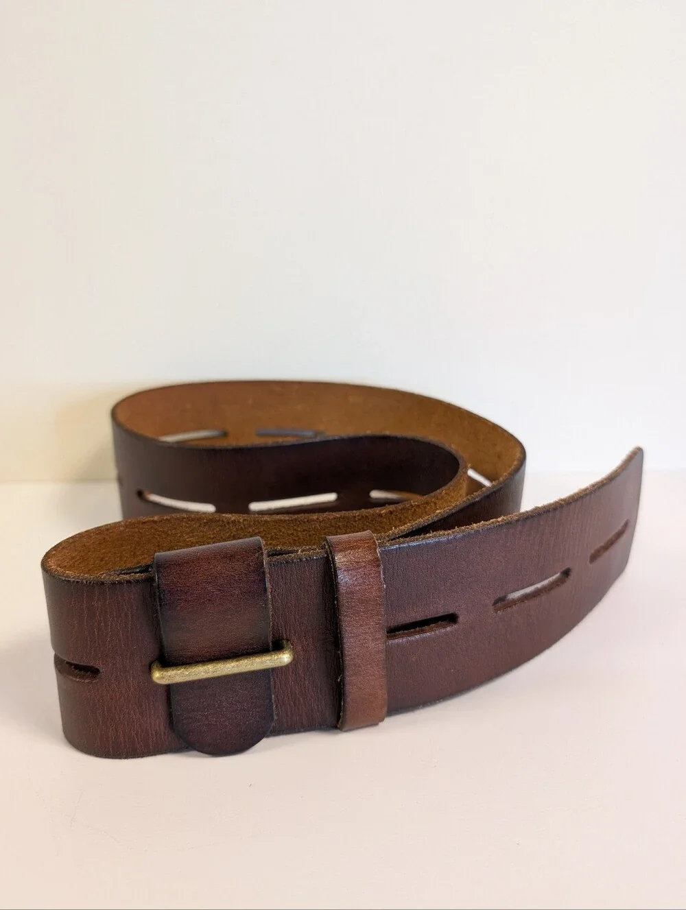 CAbi Here or There Belt 3298 Medium Brown Leather Wide Slotted Brass 45”
